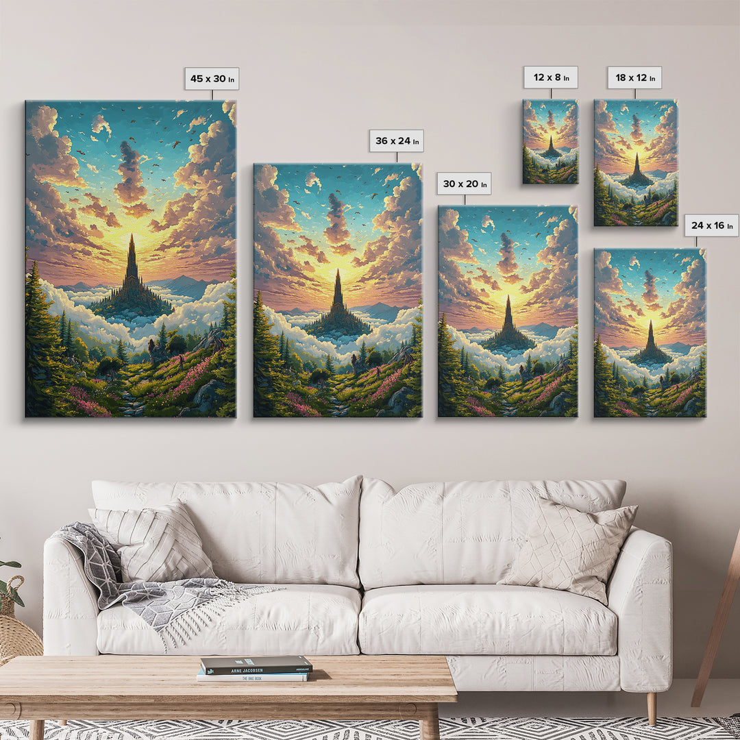 Golden Cloud Kingdom Spire At Sunrise Canvas Print, Fantasy Landscape Wall Art, Colorful Nature Art, Living Room Decor, Housewarming Gift