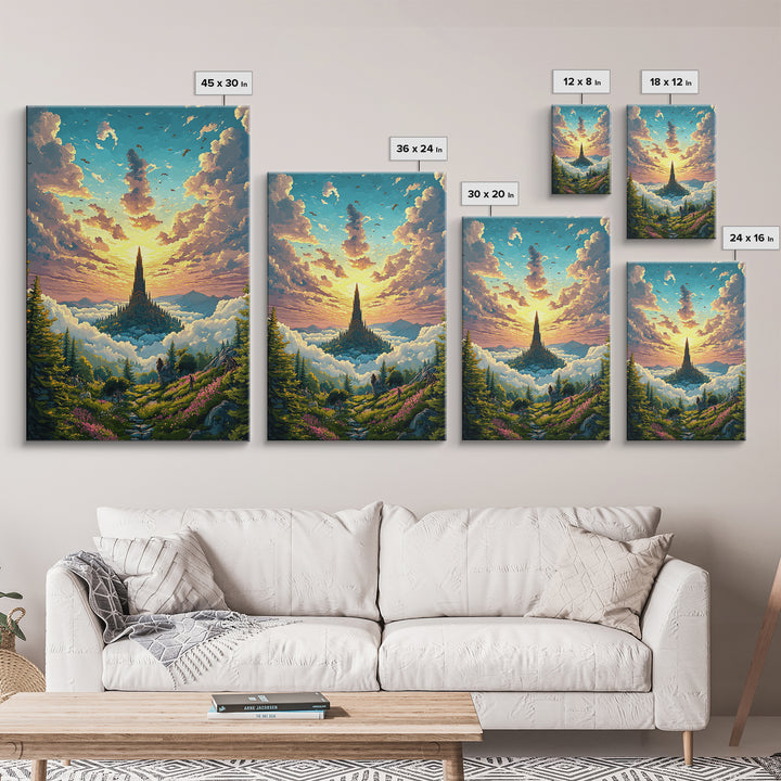 Golden Cloud Kingdom Spire At Sunrise Canvas Print, Fantasy Landscape Wall Art, Colorful Nature Art, Living Room Decor, Housewarming Gift
