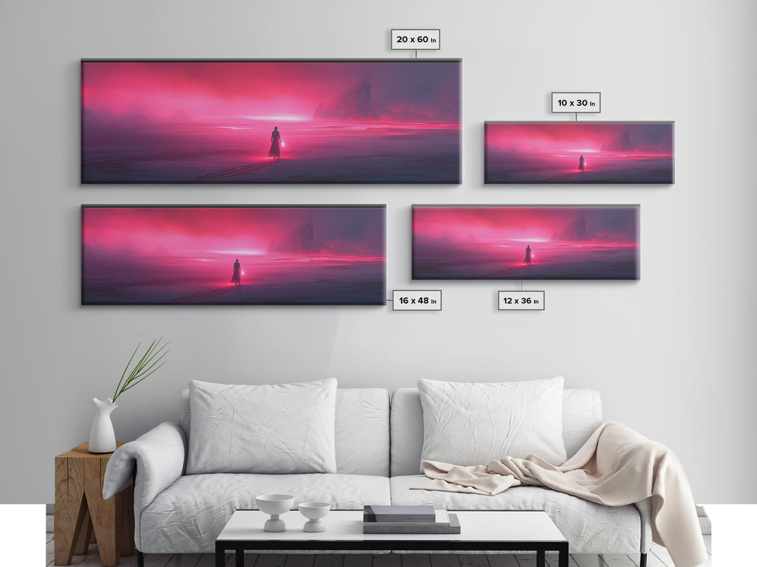 Lone Traveler In Magenta Alien Fog Wall Art, Sci Fi Landscape Canvas, Futuristic Decor, Neon Pink Living Room Art Print Gift