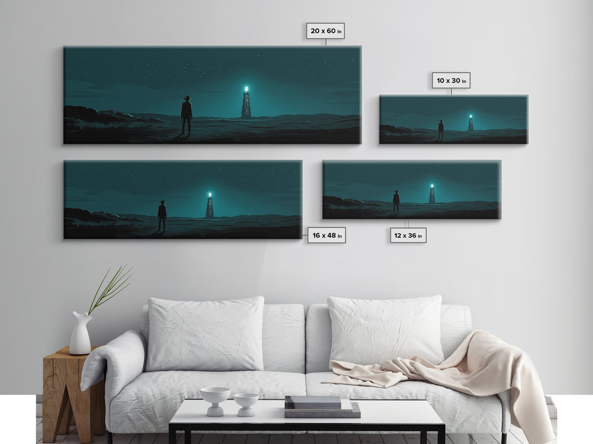 Starry Teal Desert Cowboy And Beacon Tower Wall Art, Sci Fi Western Landscape Print, Masculine Office Decor Gift For Him