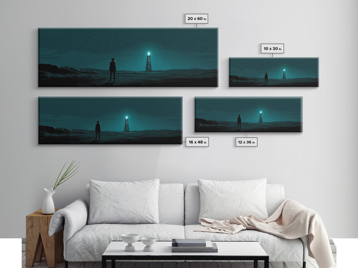 Starry Teal Desert Cowboy And Beacon Tower Wall Art, Sci Fi Western Landscape Print, Masculine Office Decor Gift For Him