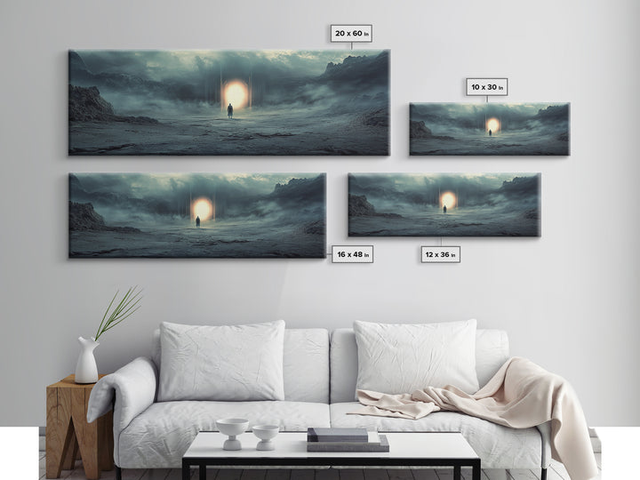 Misty Portal In Dark Mountains Wall Art, Moody Sci Fi Landscape Canvas Print, Atmospheric Office Decor And Modern Wall Decor