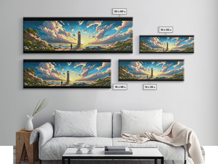 Colorful Beacon Tower By Ocean Sunset Canvas Print, Sci Fi Coastal Landscape Wall Art, Vibrant Living Room Wall Decor Gift