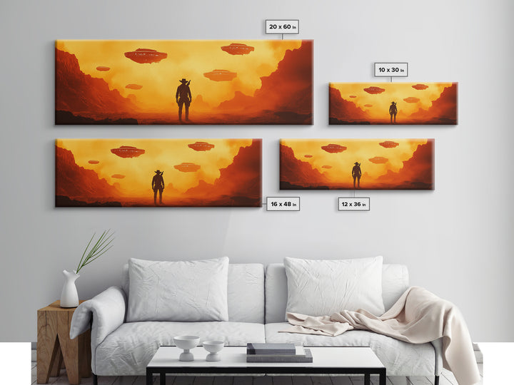 Orange Alien Canyon With UFOs And Cowboy Wall Art, Retro Sci Fi Western Canvas Print, Desert Landscape Decor Gift For Him