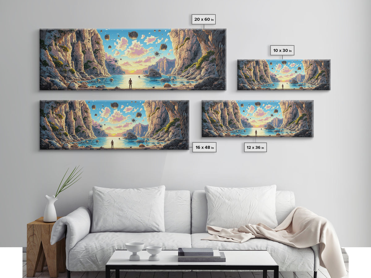 Alien Canyon Lagoon Canvas Print, Floating Rocks Fantasy Landscape, Panoramic Sci Fi Wall Decor, Large Modern Living Room Art