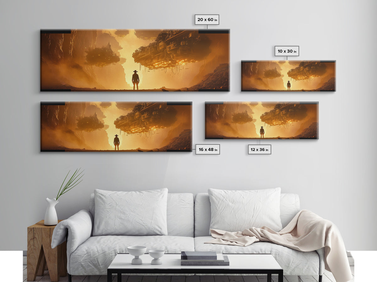 Golden Dystopian Airship Canyon Wall Art, Sci Fi Cowboy Landscape, Orange Futuristic Cinematic Canvas Print, Man Cave Decor
