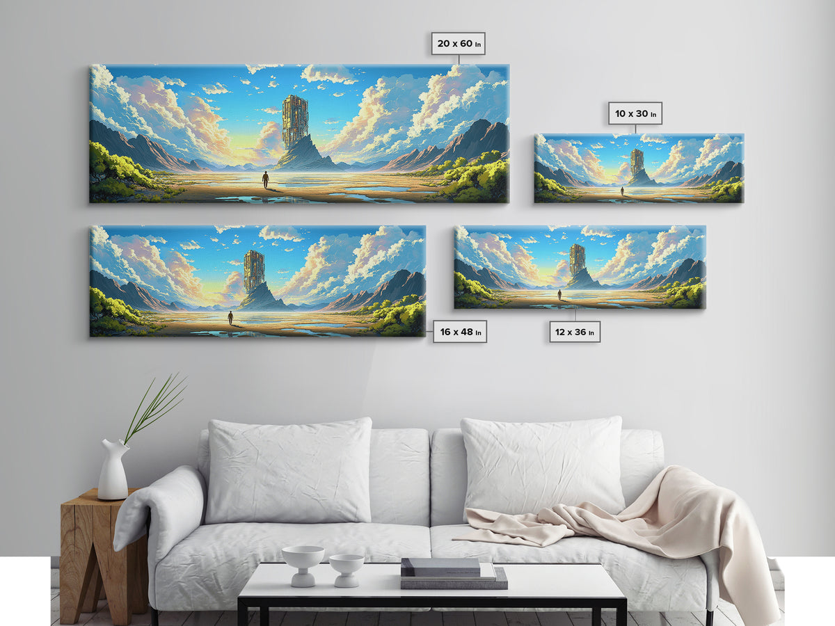 Mountain Valley Monolith Canvas Print, Bright Sci Fi Landscape, Panoramic Wall Art, Modern Nature Decor For Living Room Art