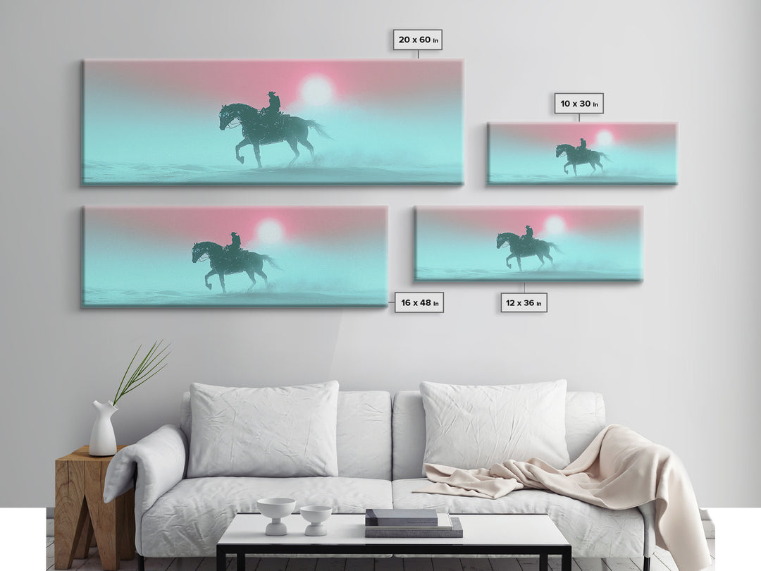 Misty Cowboy Riding Through Pastel Fog Wall Art, Western Horse Canvas Print, Serene Landscape Decor, Calming Bedroom Art