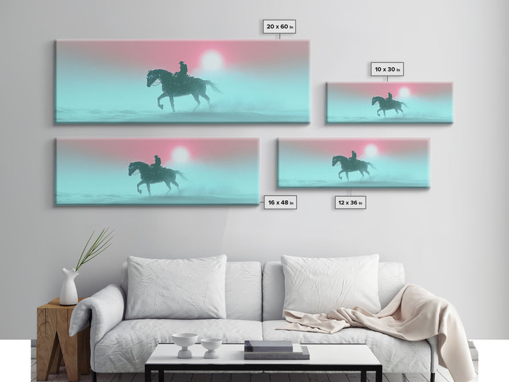 Misty Cowboy Riding Through Pastel Fog Wall Art, Western Horse Canvas Print, Serene Landscape Decor, Calming Bedroom Art