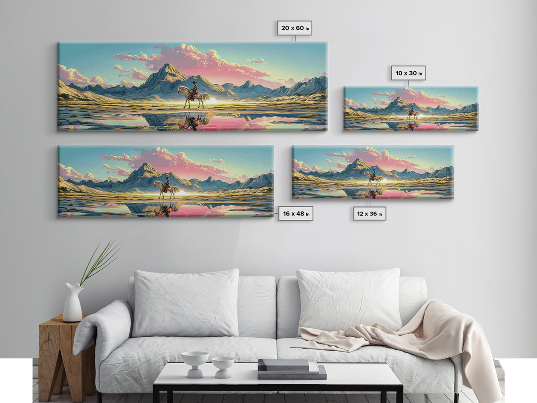 Cowboy And Horse Reflected In Alpine Lake Canvas Print, Western Mountain Wall Art, Pastel Sunset Decor, Large Panoramic Art