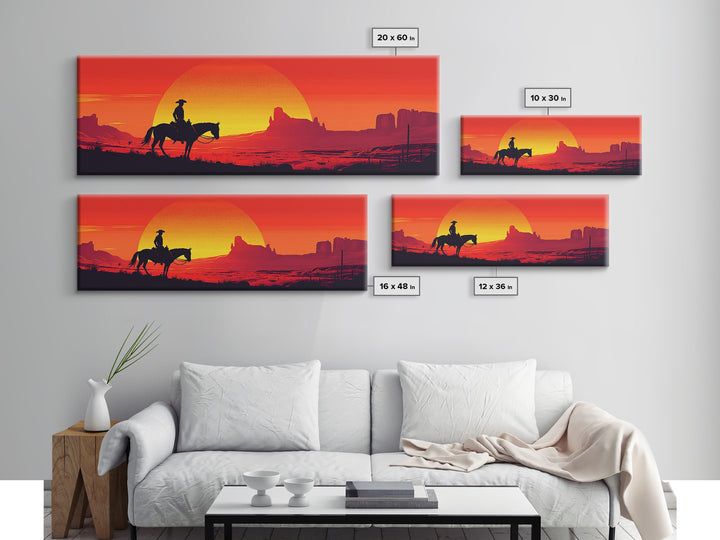 Silhouette Cowboy Crossing Orange Desert Sunset Wall Art, Southwestern Decor, Western Canvas Print, Extra Wide Horizontal Art