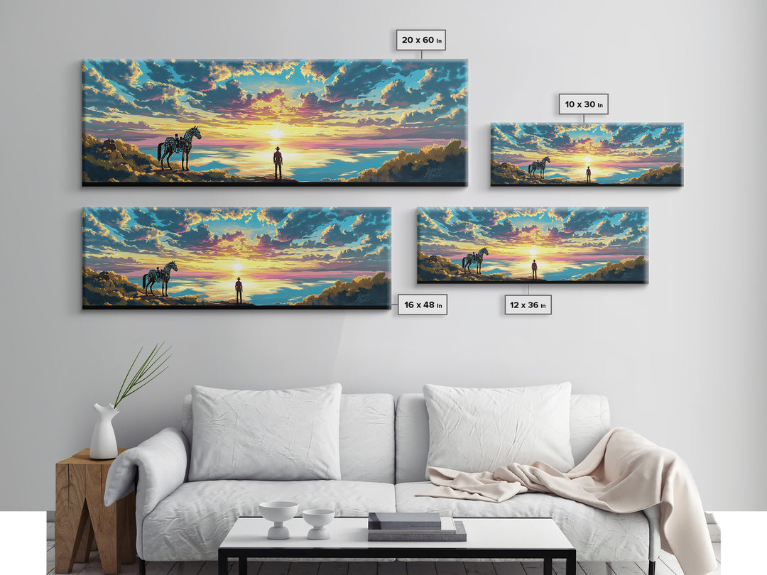 Cowboy And Horse Over Golden Sea Sunrise Framed Canvas Print, Western Landscape Wall Art, Inspirational Home Decor, Above Sofa Art
