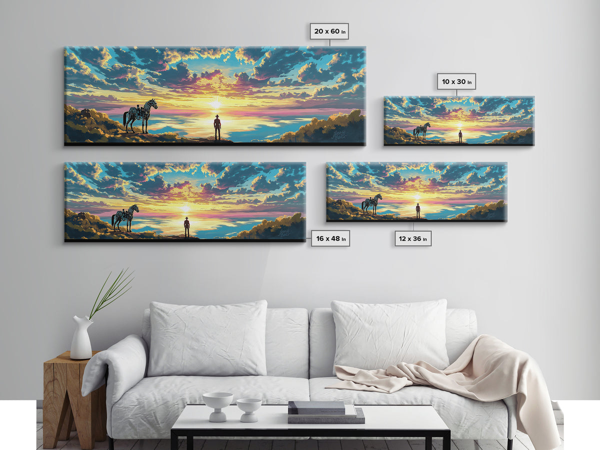 Cowboy And Horse Over Golden Sea Sunrise Framed Canvas Print, Western Landscape Wall Art, Inspirational Home Decor, Above Sofa Art