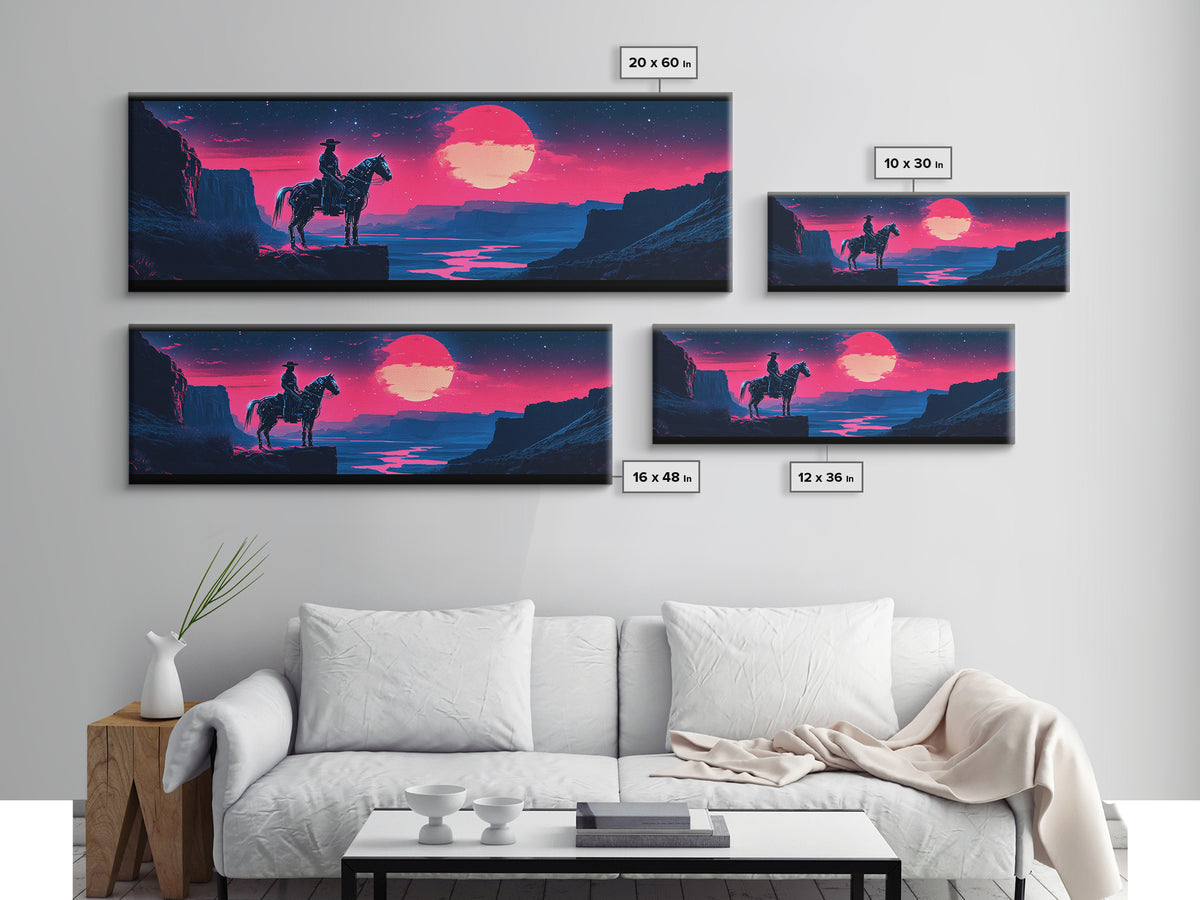 Neon Cowboy Above Moonlit Canyon River Canvas Print, Western Sci Fi Wall Art, Vaporwave Decor, Large Horizontal Print, Home Decor