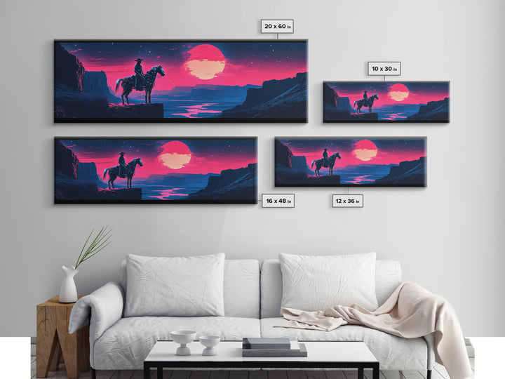 Neon Cowboy Above Moonlit Canyon River Canvas Print, Western Sci Fi Wall Art, Vaporwave Decor, Large Horizontal Print, Home Decor