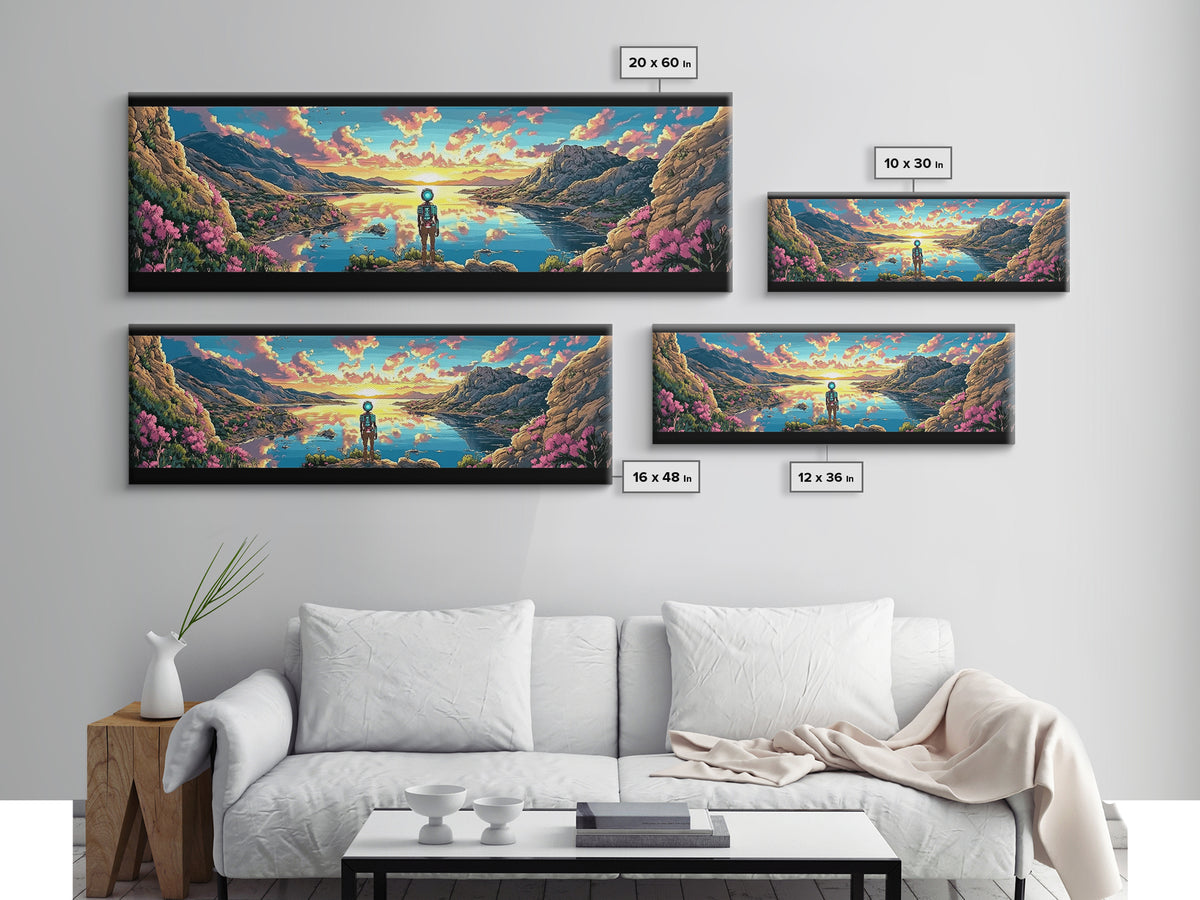Astronaut Over Flowered Mountain Lake Valley Wall Art, Sci Fi Landscape Canvas Print, Colorful Nature Decor, Gaming Room Art