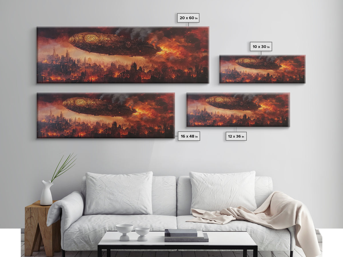 Steampunk Airship Over Burning Futuristic City Wall Art, Dystopian Sci Fi Canvas Print, Dark Industrial Office Decor, Man Cave Art