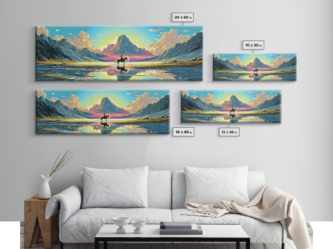 Solitary Rider At Mirror Lake Canvas Print, Western Mountain Landscape Art, Panoramic Wall Art, Rustic Decor, Gift For Him