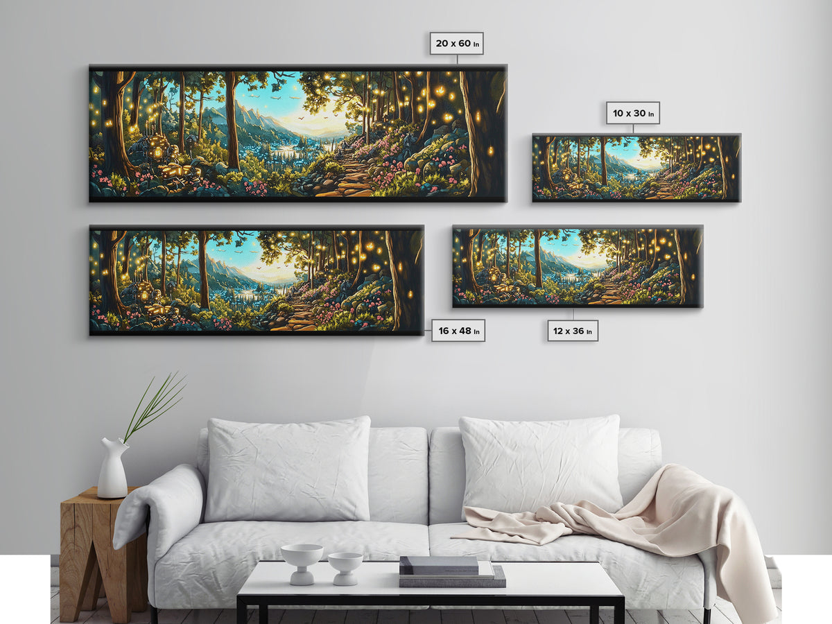 Enchanted Forest Path With Lanterns Wall Art, Mountain Valley Landscape Print, Whimsical Decor, Large Panoramic Canvas Art