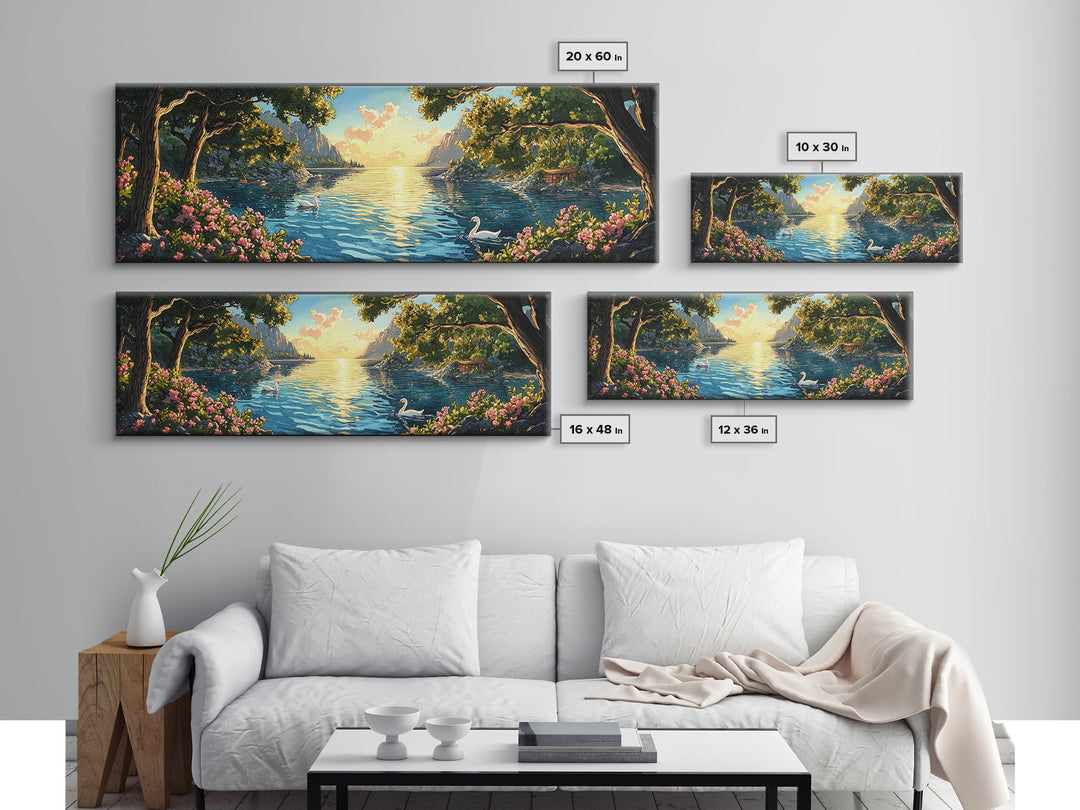 Golden Lakeside Sunset With Swan Wall Art, Romantic Coastal Canvas Print, Serene Landscape Decor, Large Above Bed Art For Bedroom Decor