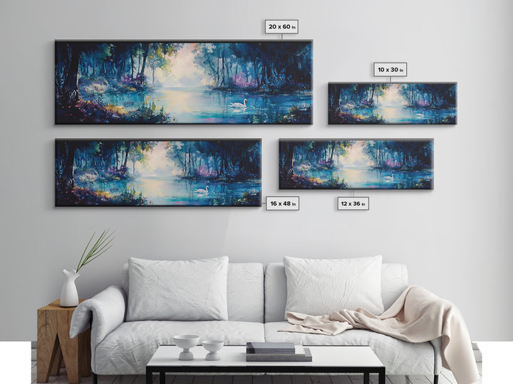 Misty Blue Forest Lake With Swan Wall Art, Moody Landscape Canvas Print, Dark Botanical Decor, Calming Living Room Art Print