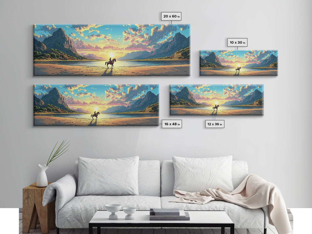 Lone Rider On Sunset Beach Wall Art, Western Coastal Landscape Canvas Print, Mountain Lake Decor, Masculine Office Art Print