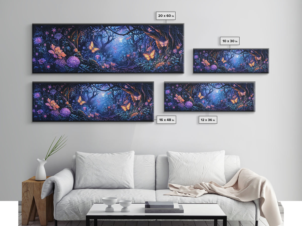 Enchanted Butterfly Forest At Twilight Wall Art, Fantasy Woodland Canvas Print, Dark Floral Decor, Whimsical Bedroom Art