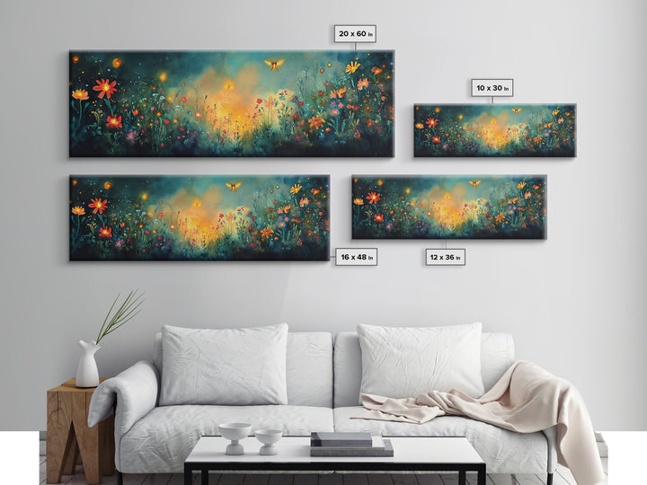 Glowing Wildflower Meadow With Fireflies Wall Art, Whimsical Floral Canvas Print, Dark Botanical Decor, Cozy Bedroom Art