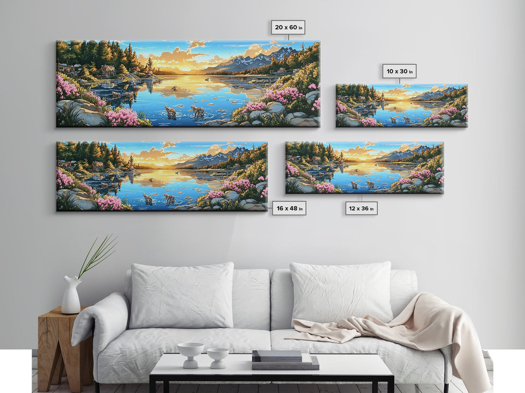Mountain Lake Sunset With Pink Wildflowers Wall Art, Panoramic Landscape Print, Nature Decor, Living Room Wall Decor, Home Decor