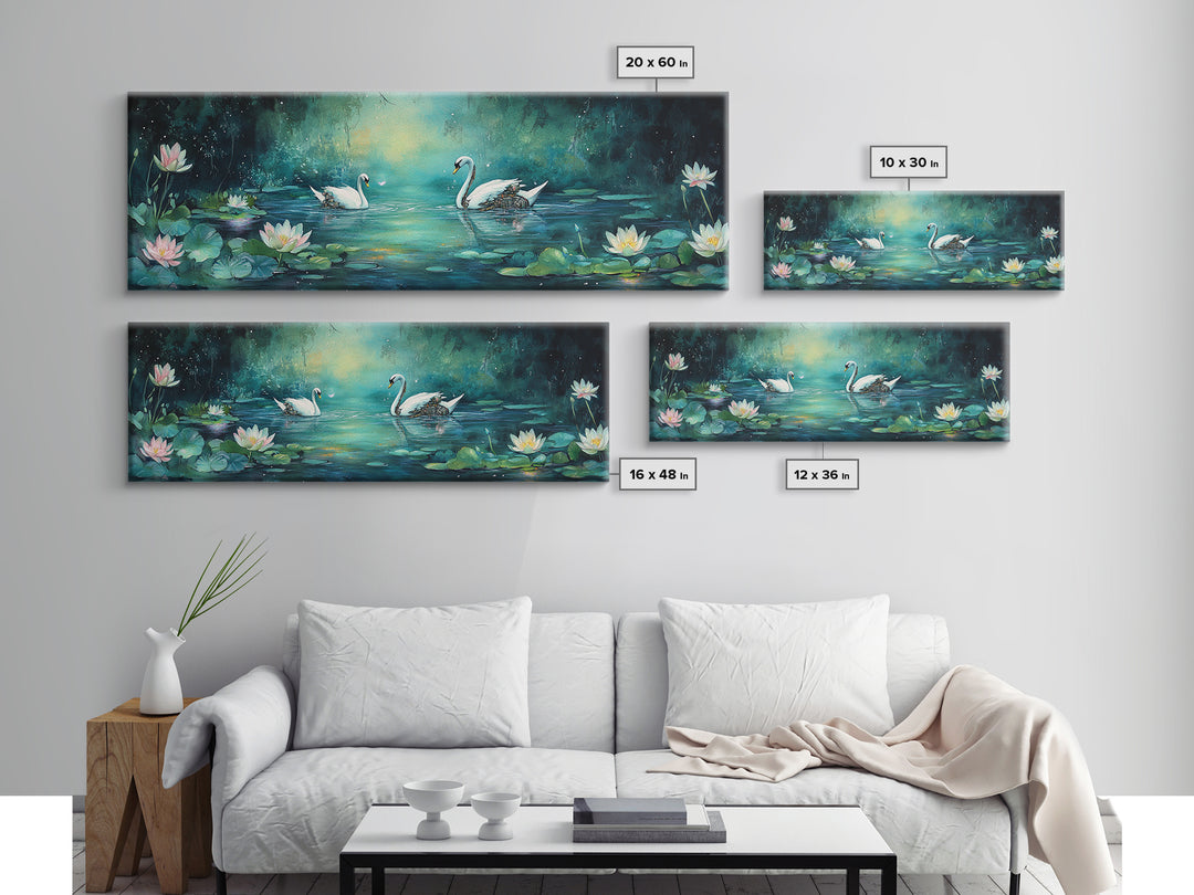 White Swans And Water Lilies Framed Canvas Print, Romantic Nature Wall Art, Elegant Bedroom Decor, Gift For Her, Living Room Art
