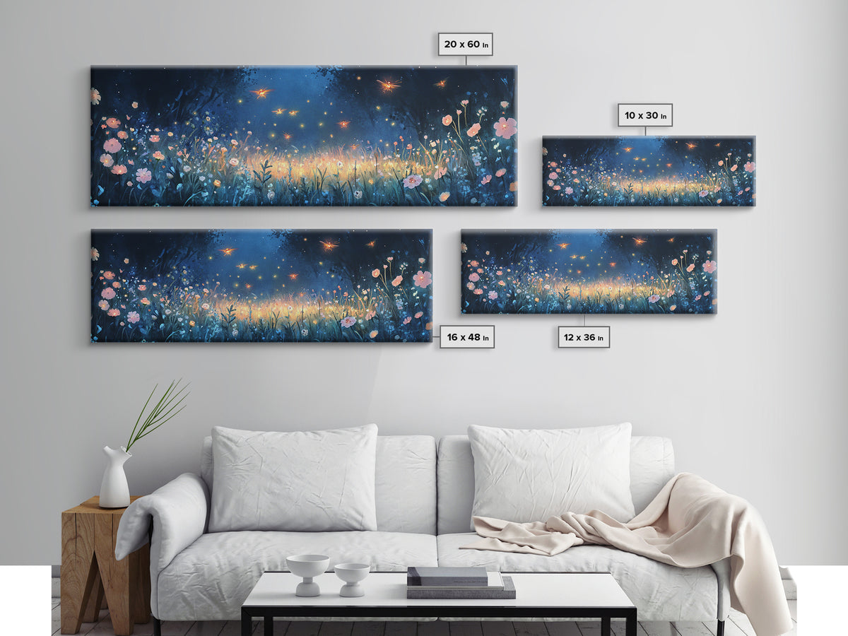Firefly Night Meadow With Soft Wildflowers Framed Canvas Print, Whimsical Wall Art, Dark Floral Decor, Bedroom Wall Decor