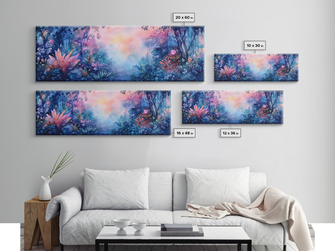 Enchanted Tropical Garden With Misty Pastel Light Wall Art, Botanical Watercolor Print, Whimsical Decor, Nature Wall Art