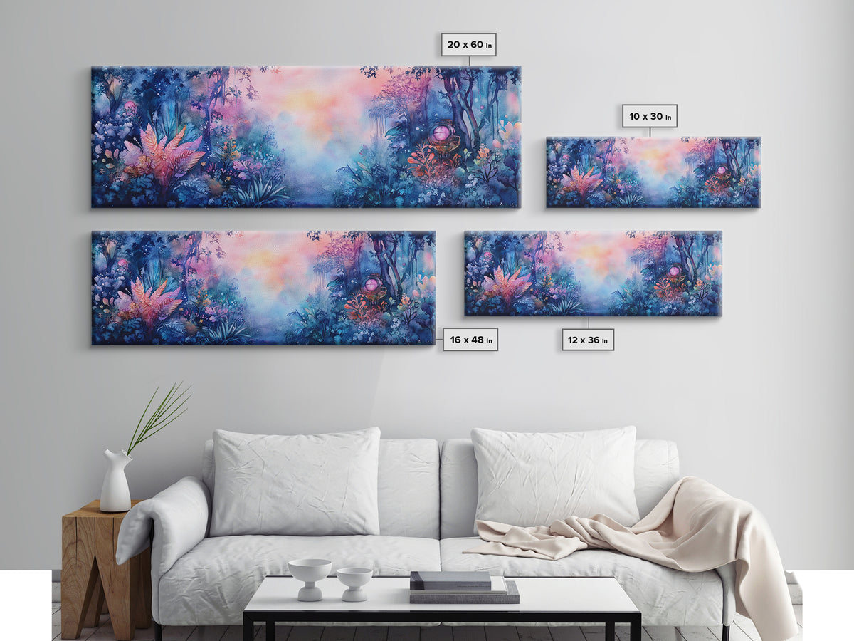 Enchanted Tropical Garden With Misty Pastel Light Wall Art, Botanical Watercolor Print, Whimsical Decor, Nature Wall Art