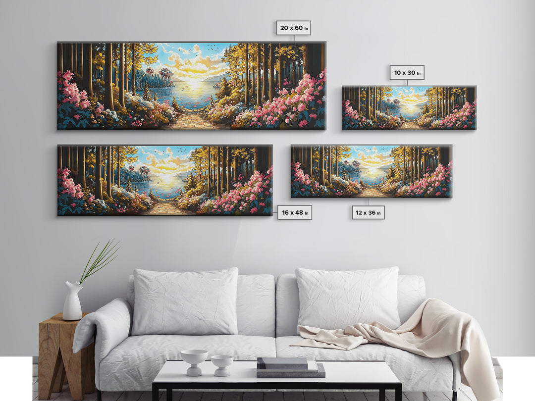 Sunlit Forest Lake Path With Pink Flowers Wall Art, Panoramic Canvas Print For Living Room Decor And Nature Home Decor Gift