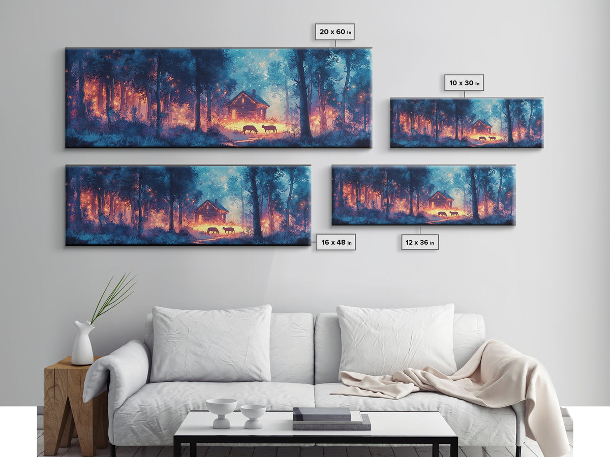 Glowing Cabin In Blue Twilight Forest Framed Canvas Print, Moody Landscape Wall Art For Rustic Home Decor And Office Decor