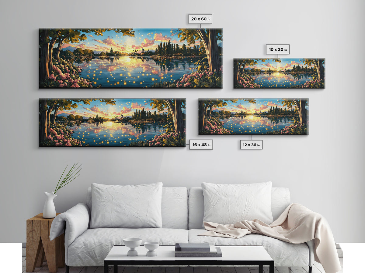 Golden Sunset Lake With Fireflies And Pink Blossoms Canvas Print, Romantic Nature Wall Art For Bedroom Decor And Home Decor