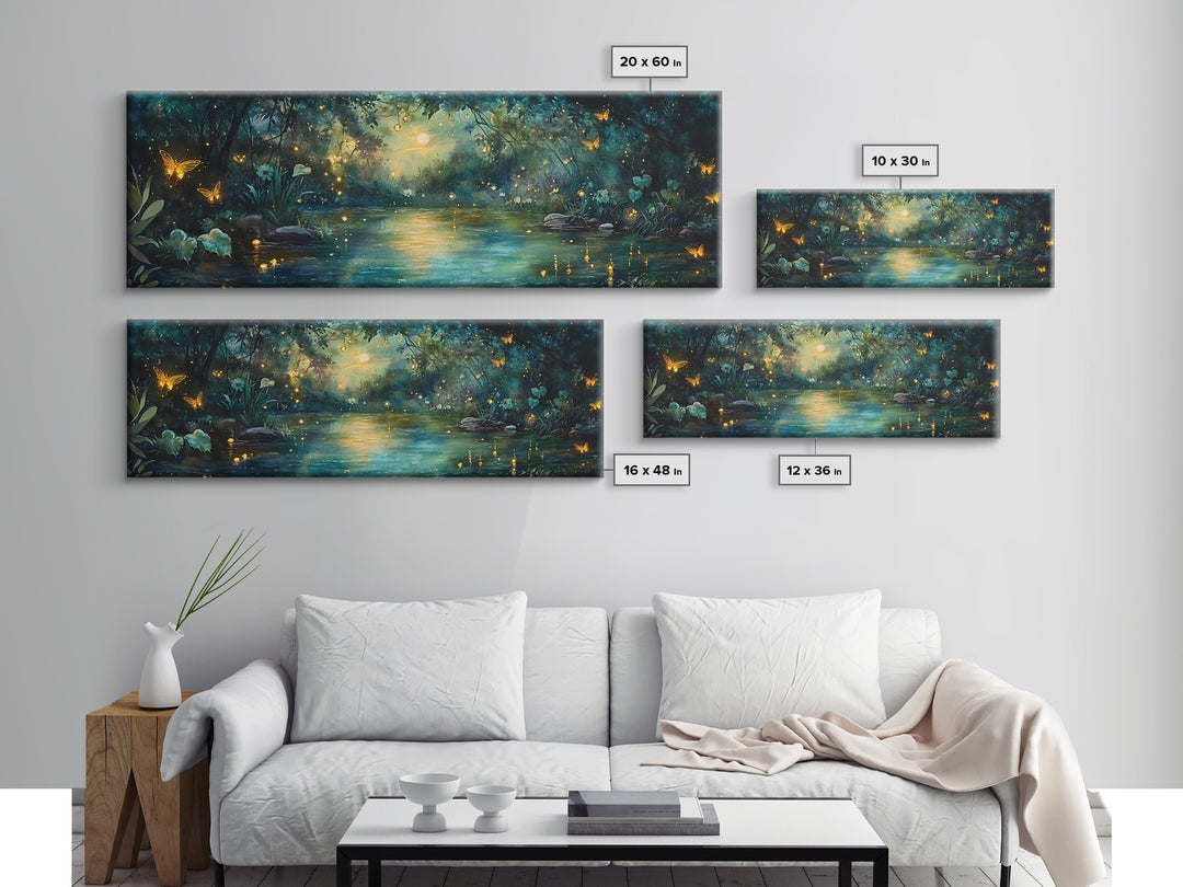 Enchanted Moonlit River With Fireflies And Butterflies Wall Art, Moody Fantasy Canvas Print For Bedroom Decor And Cozy Home Decor