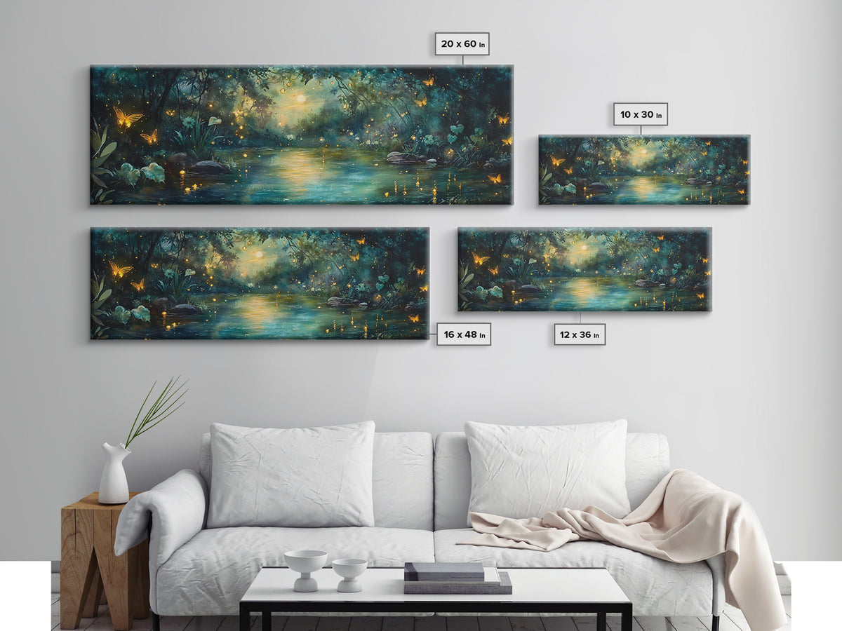 Enchanted Moonlit River With Fireflies And Butterflies Wall Art, Moody Fantasy Canvas Print For Bedroom Decor And Cozy Home Decor