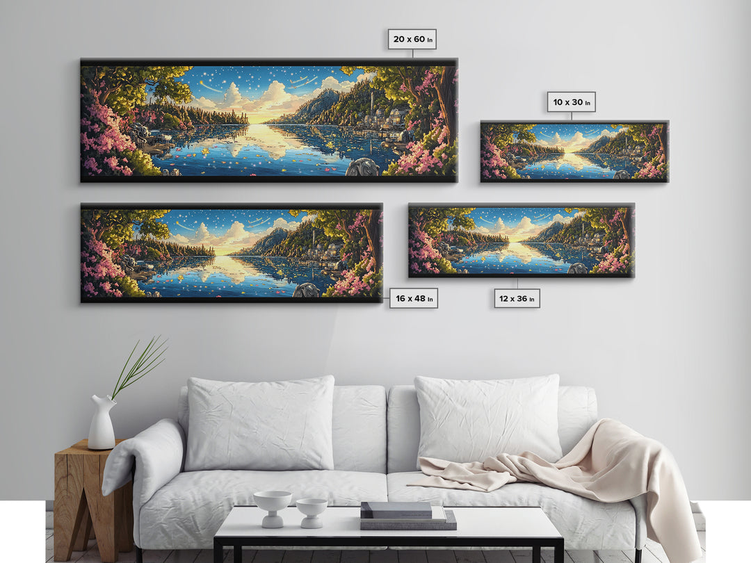 Starry Mountain Lake Village With Pink Flowers Framed Canvas Print, Panoramic Landscape Wall Art For Living Room Decor And Home Decor