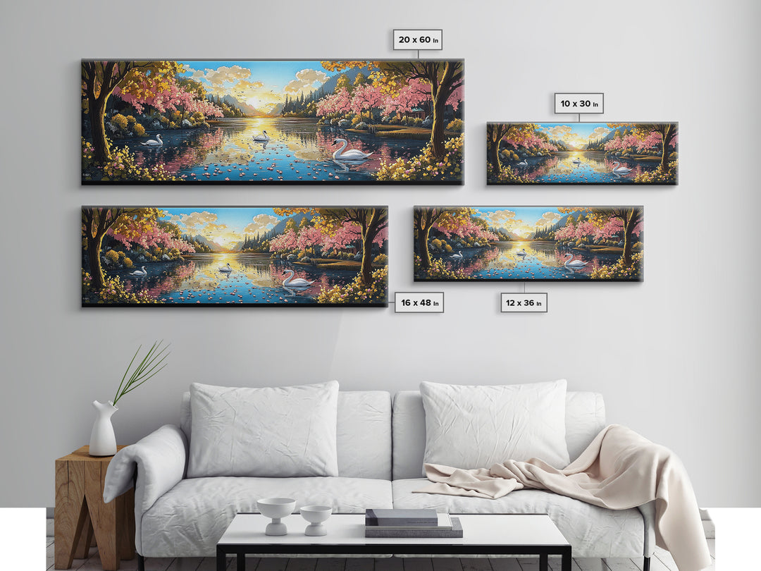 Swans On Golden Lake With Cherry Blossoms Framed Canvas Print, Romantic Landscape Wall Art For Bedroom Decor And Home Decor