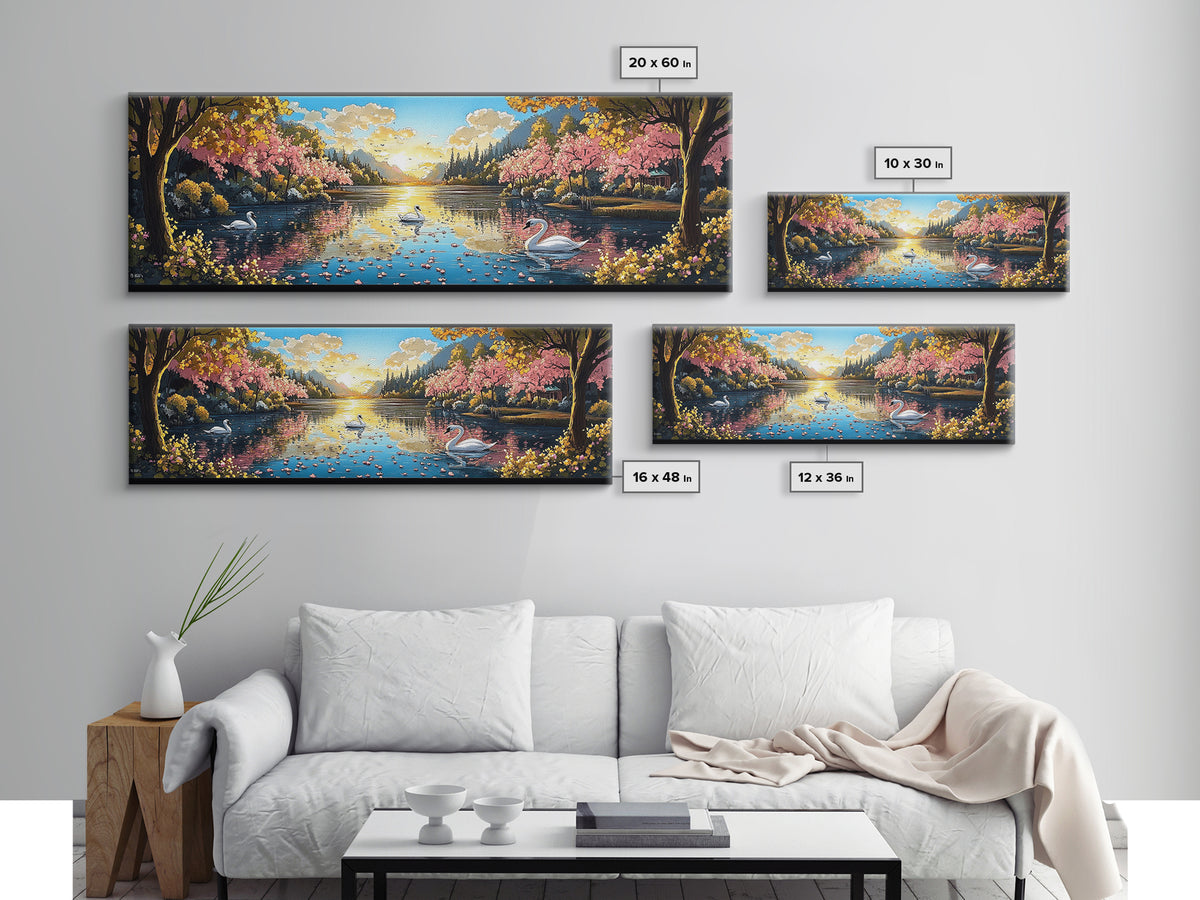 Swans On Golden Lake With Cherry Blossoms Framed Canvas Print, Romantic Landscape Wall Art For Bedroom Decor And Home Decor