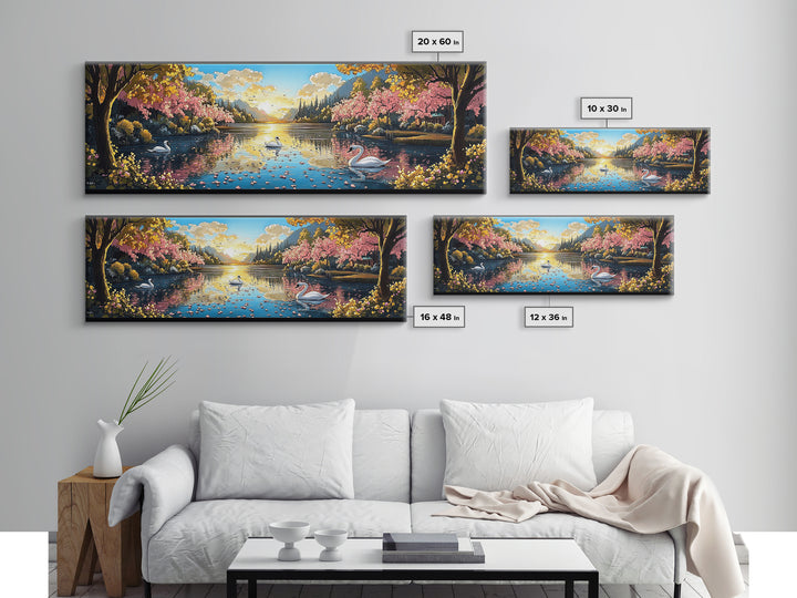 Swans On Golden Lake With Cherry Blossoms Framed Canvas Print, Romantic Landscape Wall Art For Bedroom Decor And Home Decor