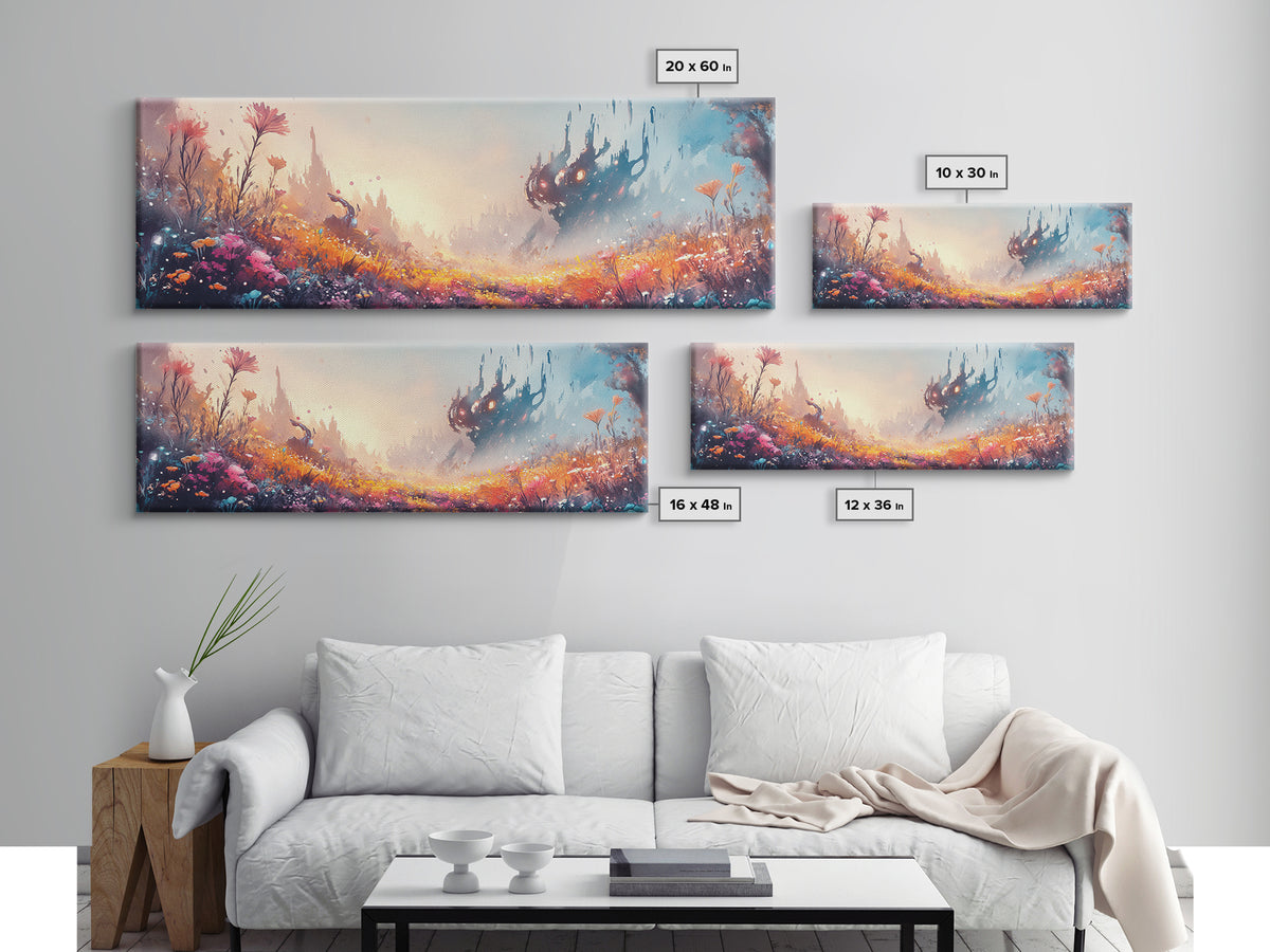 Misty Fantasy Flower Field With Dark Castle Canvas Print, Surreal Landscape Wall Art, Colorful Whimsical Bedroom Decor Gift