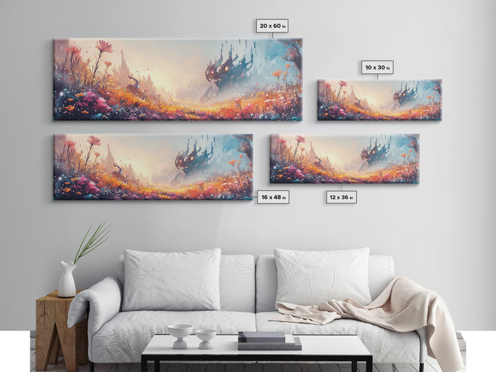 Misty Fantasy Flower Field With Dark Castle Canvas Print, Surreal Landscape Wall Art, Colorful Whimsical Bedroom Decor Gift