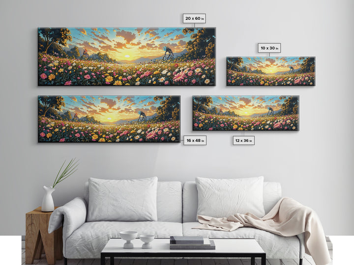 Sunrise Daisy Meadow With Tiny Robots Framed Canvas Print, Panoramic Floral Wall Art, Bright Farmhouse Living Room Decor