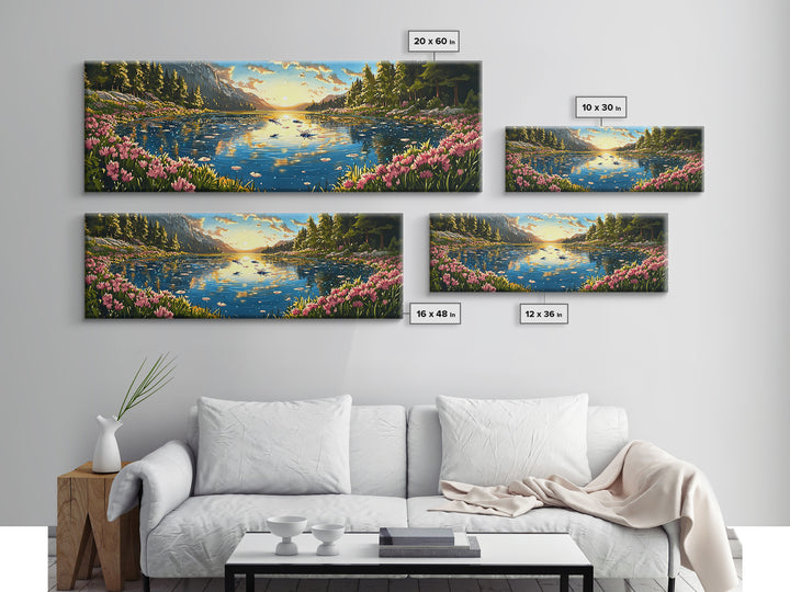 Sparkling Mountain Lake With Pink Wildflowers Canvas Print, Panoramic Landscape Wall Art, Nature Decor For Living Room Gift