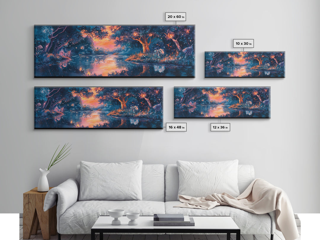 Enchanted Twilight Forest Lake Wall Art, Magical Firefly Landscape Canvas, Fantasy Woodland Decor, Panoramic Nature Print