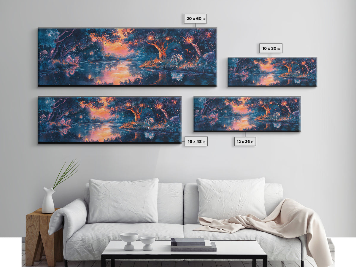 Enchanted Twilight Forest Lake Wall Art, Magical Firefly Landscape Canvas, Fantasy Woodland Decor, Panoramic Nature Print