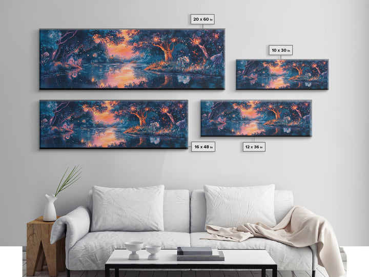 Enchanted Twilight Forest Lake Wall Art, Magical Firefly Landscape Canvas, Fantasy Woodland Decor, Panoramic Nature Print