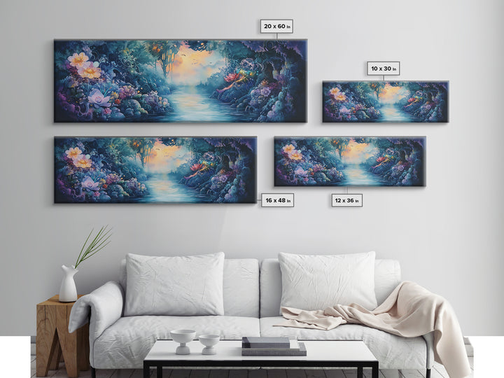 Mystical Flower Grotto River Wall Art, Fantasy Botanical Canvas Print, Whimsical Fairycore Decor, Dreamy Landscape Art Print